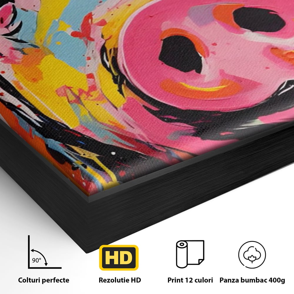 Detaliu al suprafetei: tablou canvas portret de porc colorat, in rama de aluminiu negru